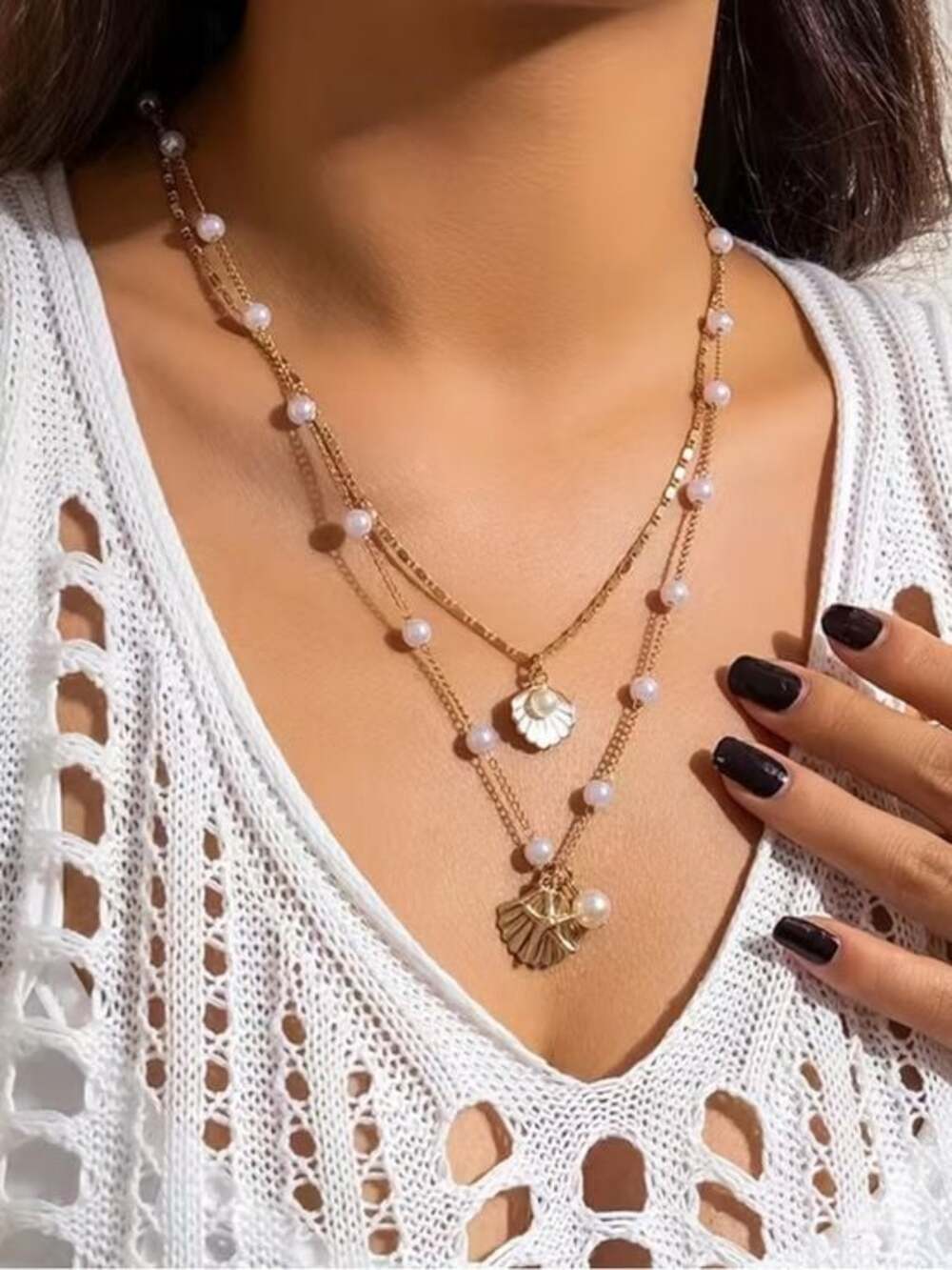 Gold Layered Pearl Shell Pendant Necklace - Women Jewelry - Picture 6 of 8